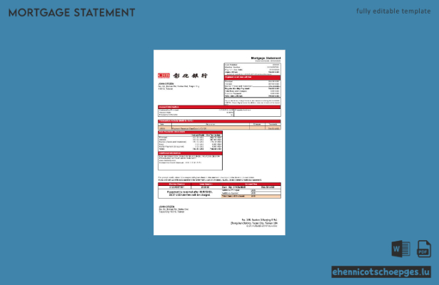 Taiwan Chang Hwa Bank Hypothekenabrechnung in Word- und PDF-Formaten – Beispielvorschau
